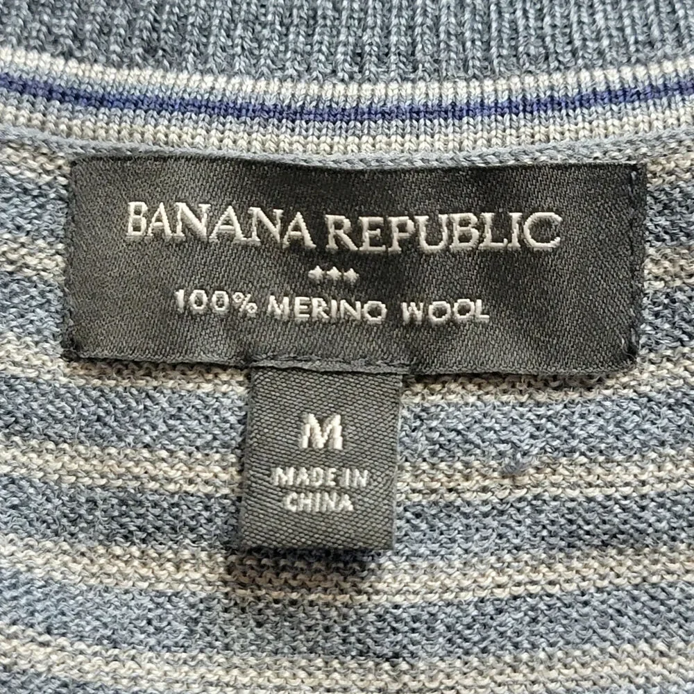 Banana Republic Merino Wool V Neck Sweater Gray Striped Long Sleeve Classic M